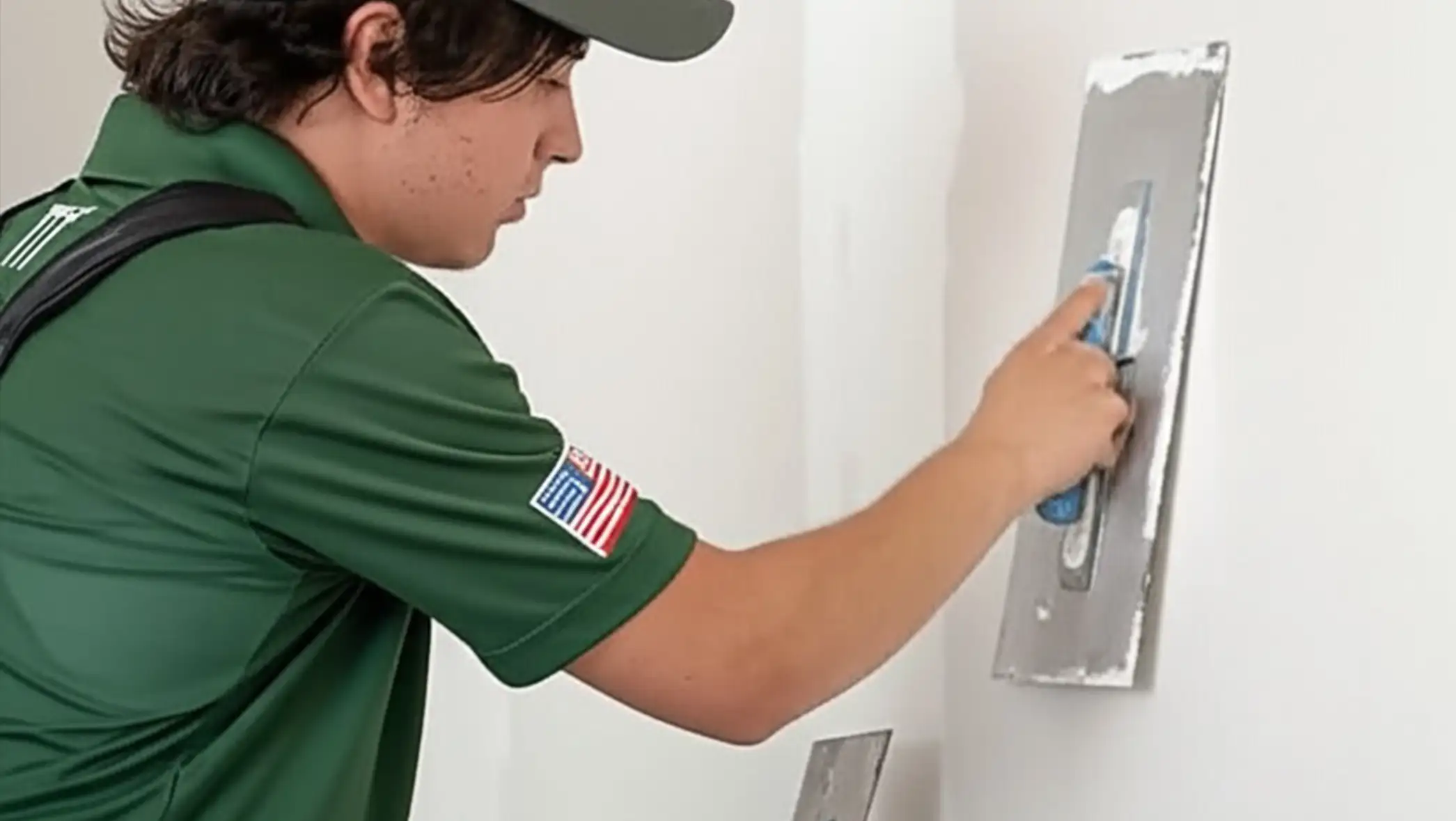 A drywall repair technician in a green uniform carefully smooths joint compound on a white wall, focusing on a seamless finish.