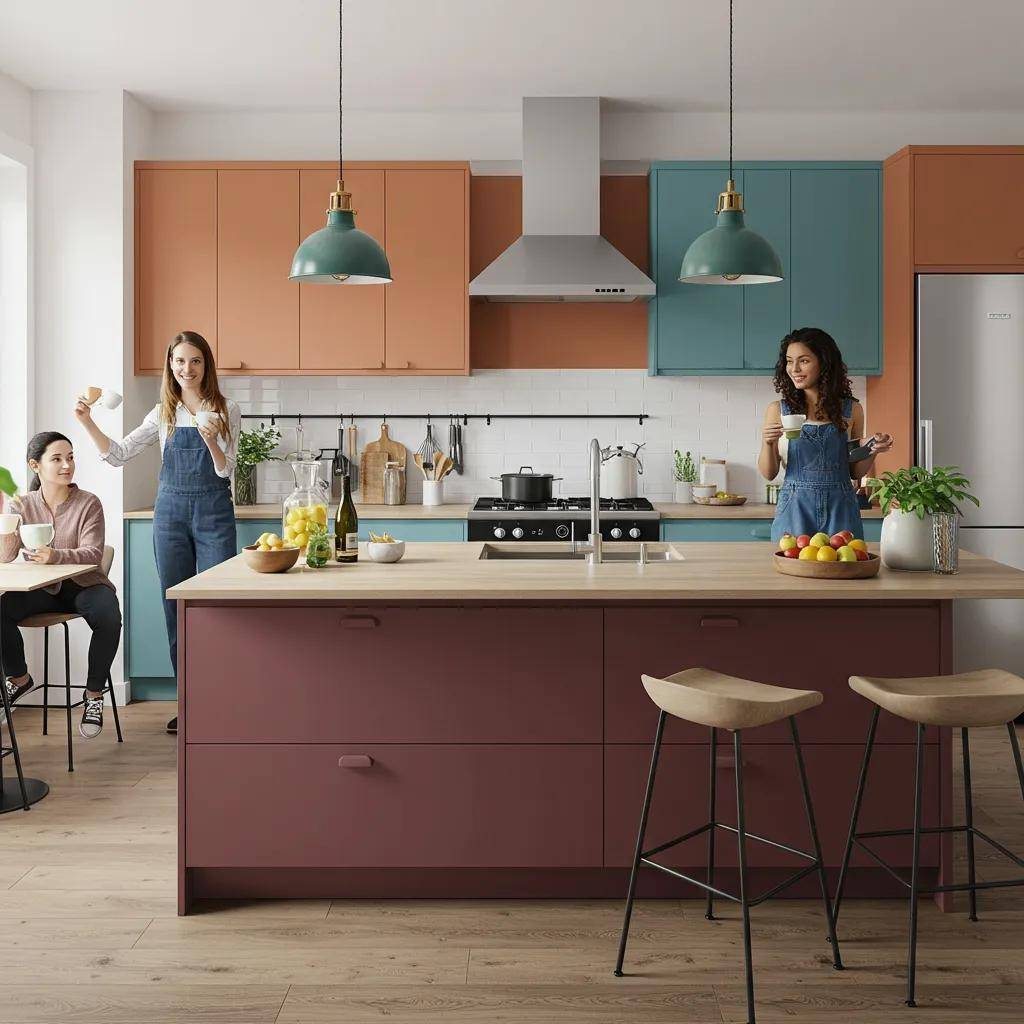2025 kitchen design trends featuring a versatile island and vibrant color accents