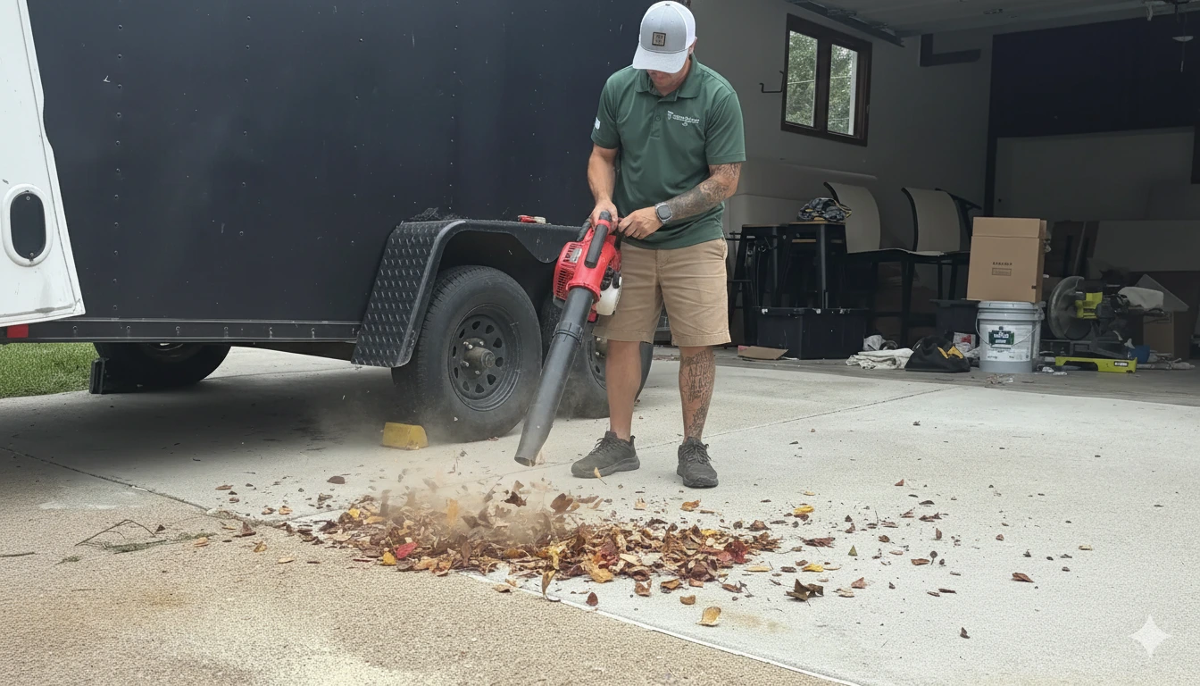 Villa My Home maintenance tech blowing leaves off of driveway. handyman cost omaha