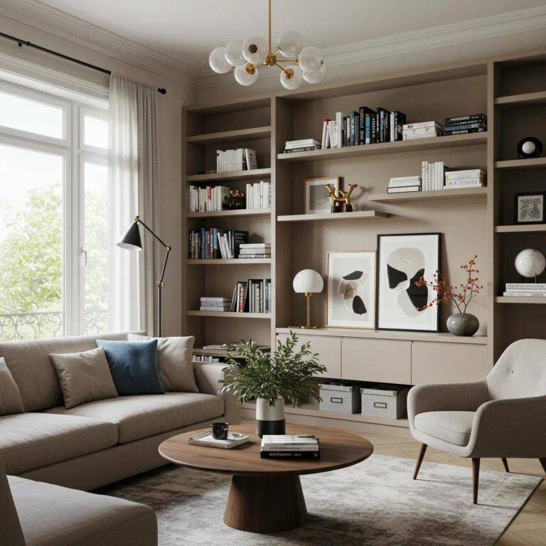 Custom shelving solutions in a stylish living room with built-in bookshelves and floating shelves