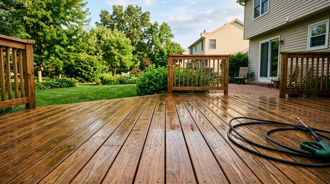 Clean wood deck after pressure washing at an Omaha home