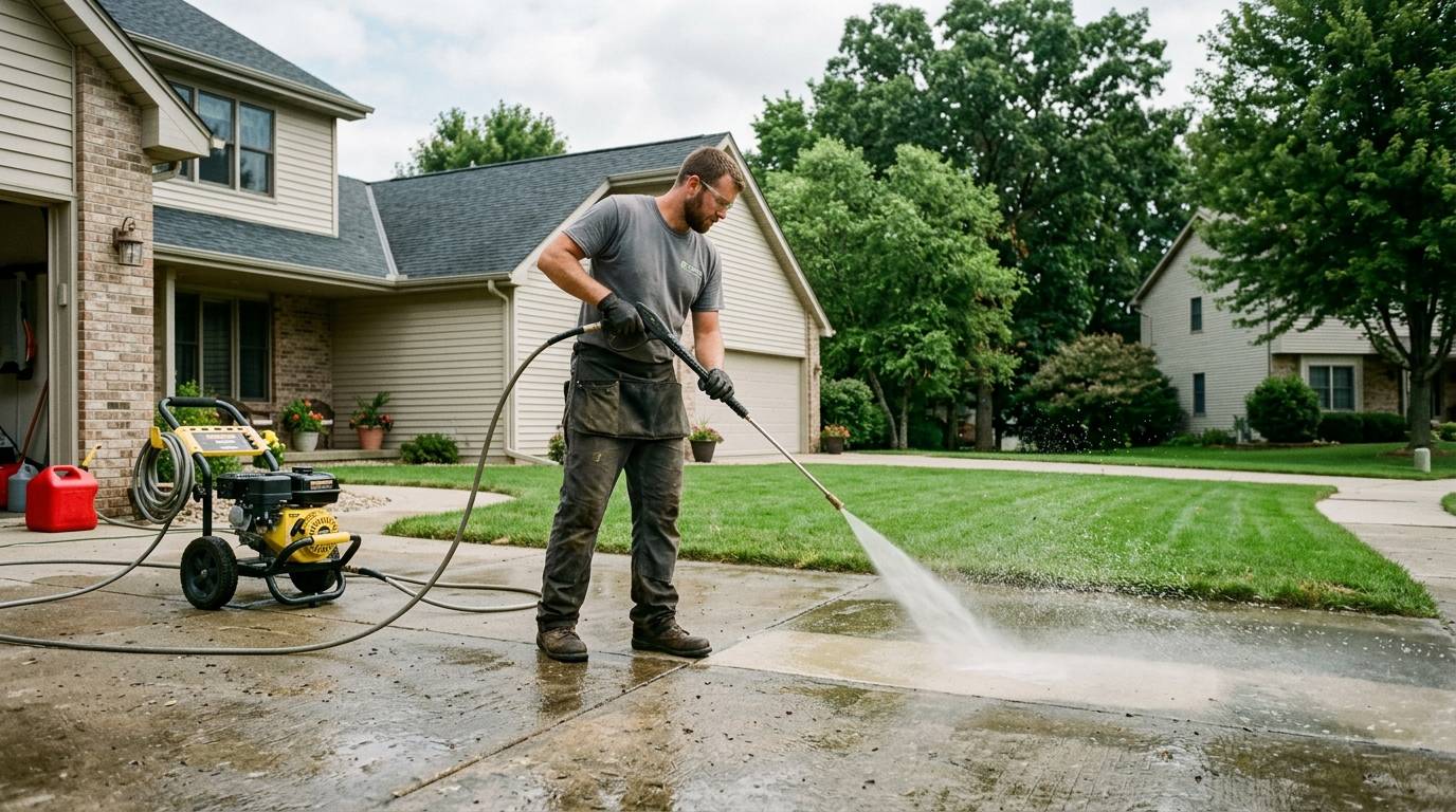 Pressure washing Omaha driveway with a clean stripe across the concrete