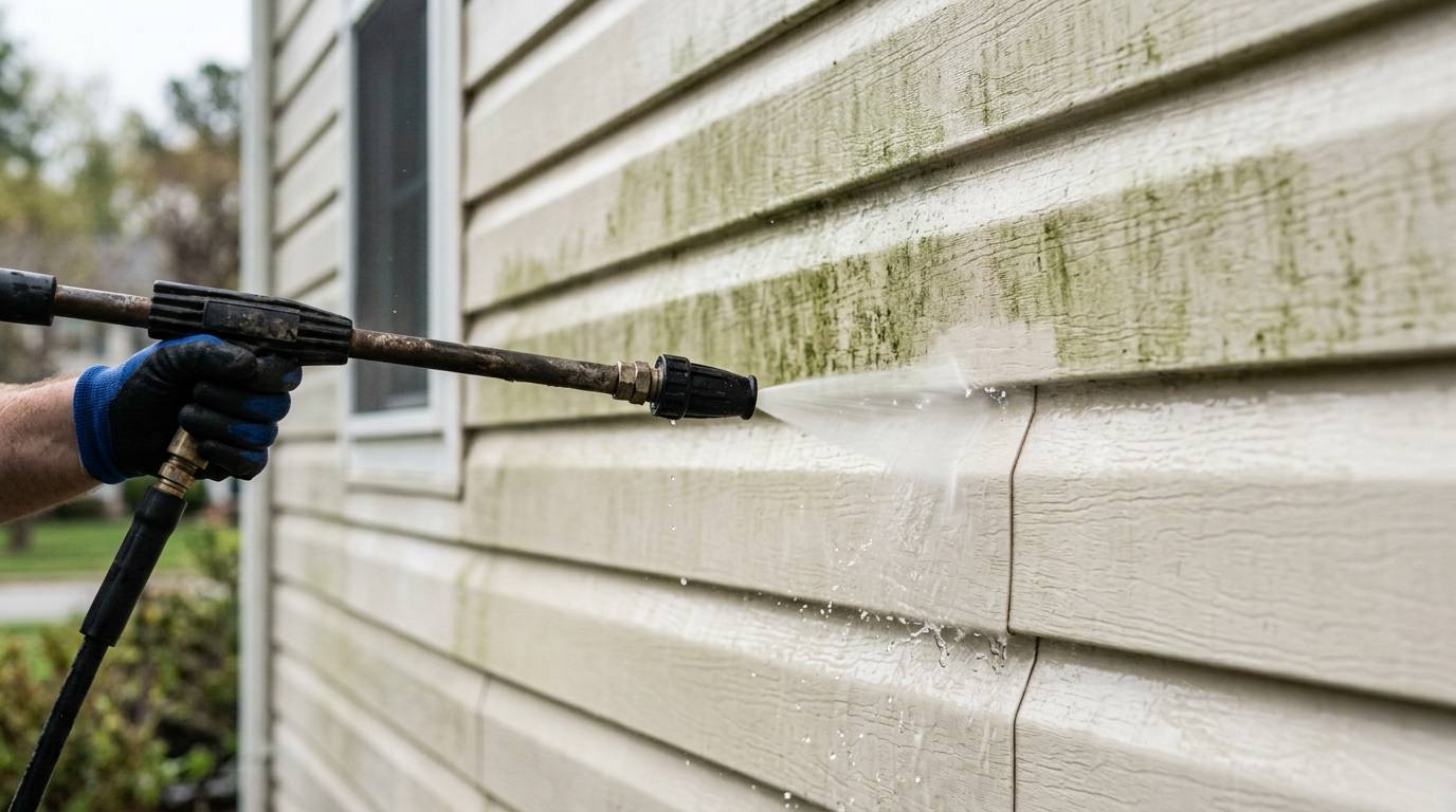 Pressure washing vinyl siding on an Omaha home exterior