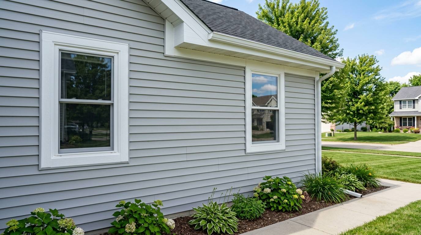 Freshly completed siding repair with color matched panels on an Omaha home