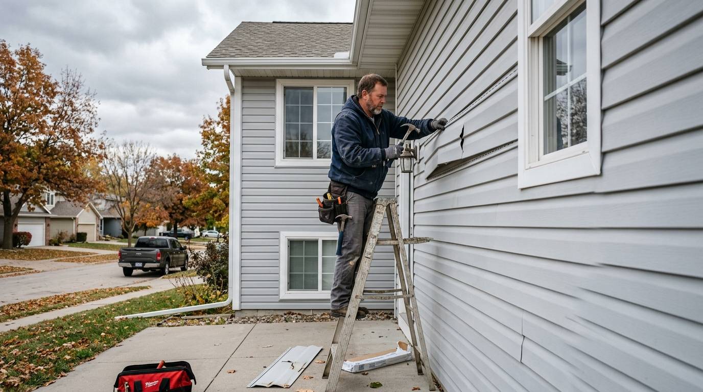 Handyman performing siding repair in Omaha on a gray sided suburban home