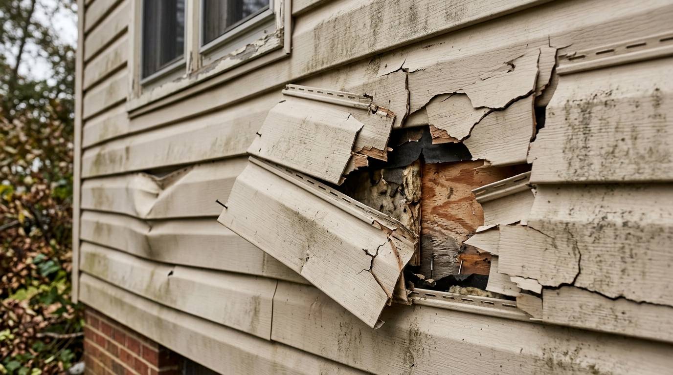 Cracked and broken siding on an Omaha home exposing the wall before siding repair